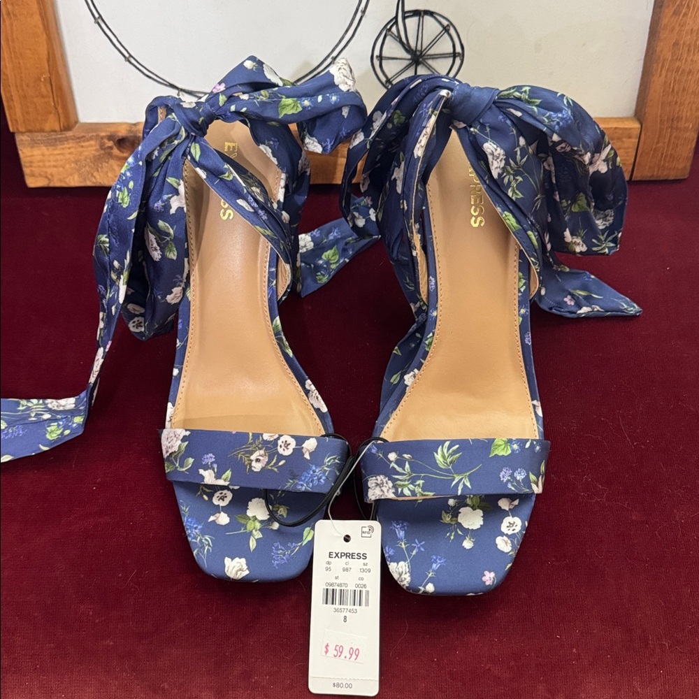 Express Navy Floral Ankle Tie Heels